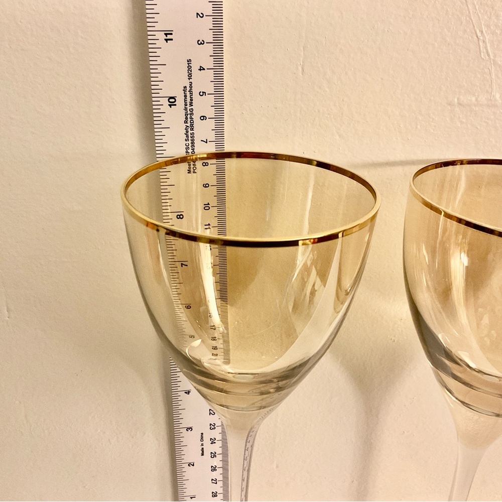 Anthropologie Gold Rim Iridescent Amber Wine Glasses 9.25” Set of 2 - Picture 5 of 6